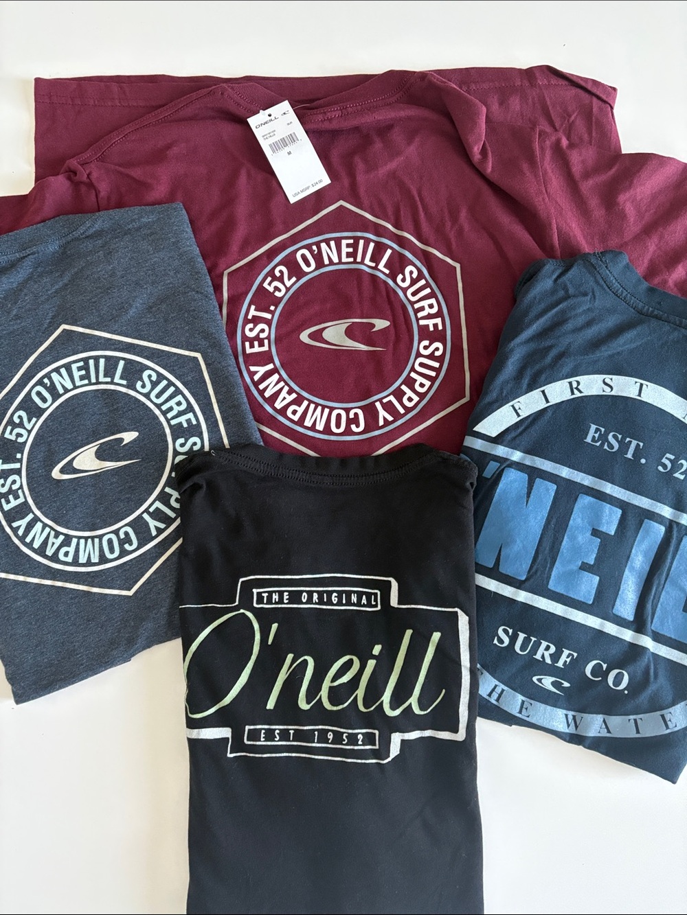 4 O'Neill Short Sleeve Graphic Tee Bundle - Maroon, Navy, Charcoal, Black